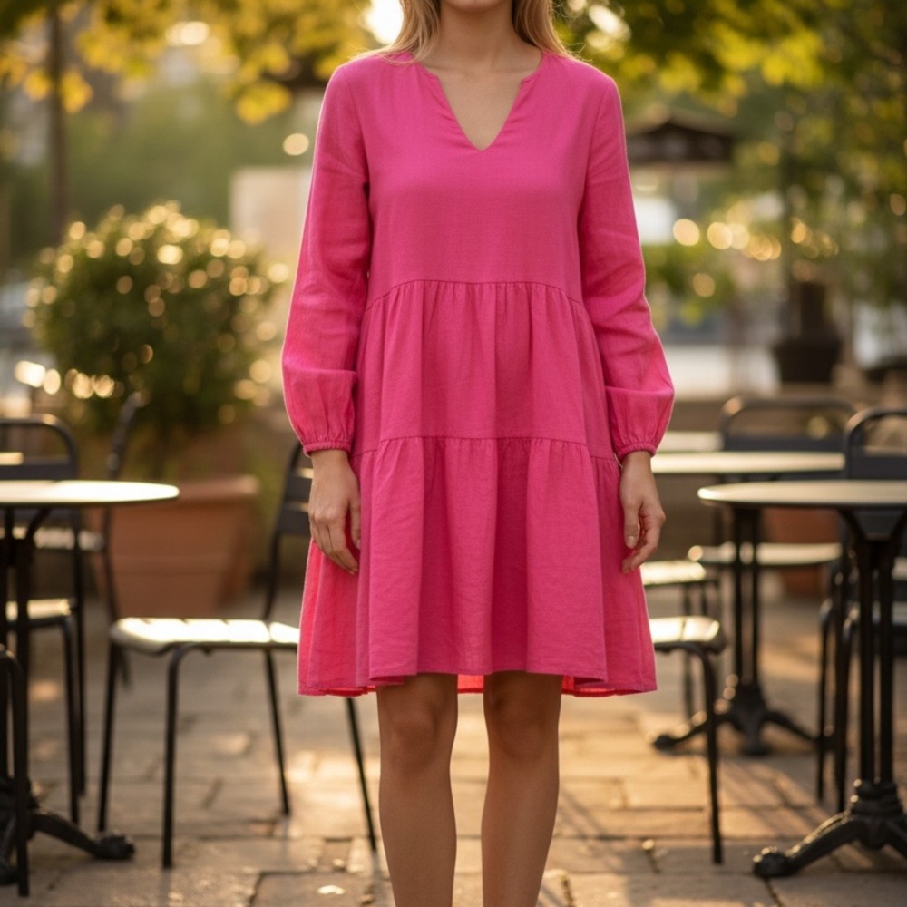 Fancyinn Women's Hot Pink V-Neck Tiered Long Sleeve Dress